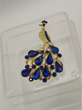 Blue Rhinestone And Glass Peacock Brooch Unbranded